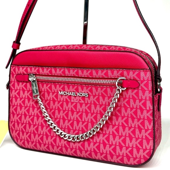 Michael Kors Large Jet Set Large Signature Logo Crossbody Bag - Dark Raspberry - Picture 1 of 10